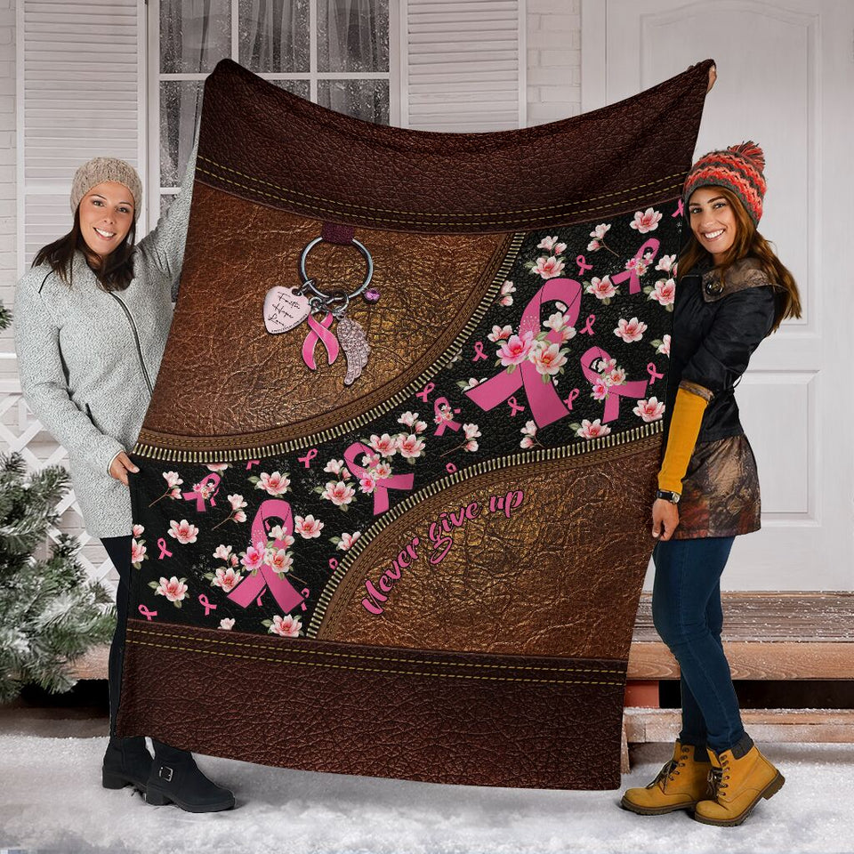 Never Give Up Leather Pattern Print Breast Cancer Awareness Blanket 0622