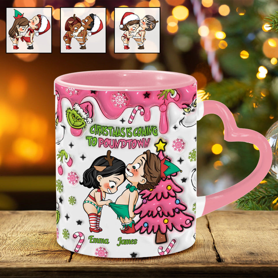 Christmas Is Coming - Personalized Couple Heart Handle Mug