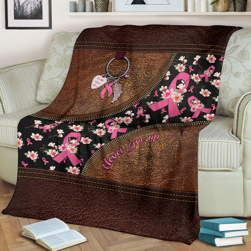 Never Give Up Leather Pattern Print Breast Cancer Awareness Blanket 0622