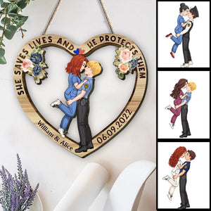 She Saves Lives And He Protects Them - Personalized Couple Custom Shaped Wood Sign