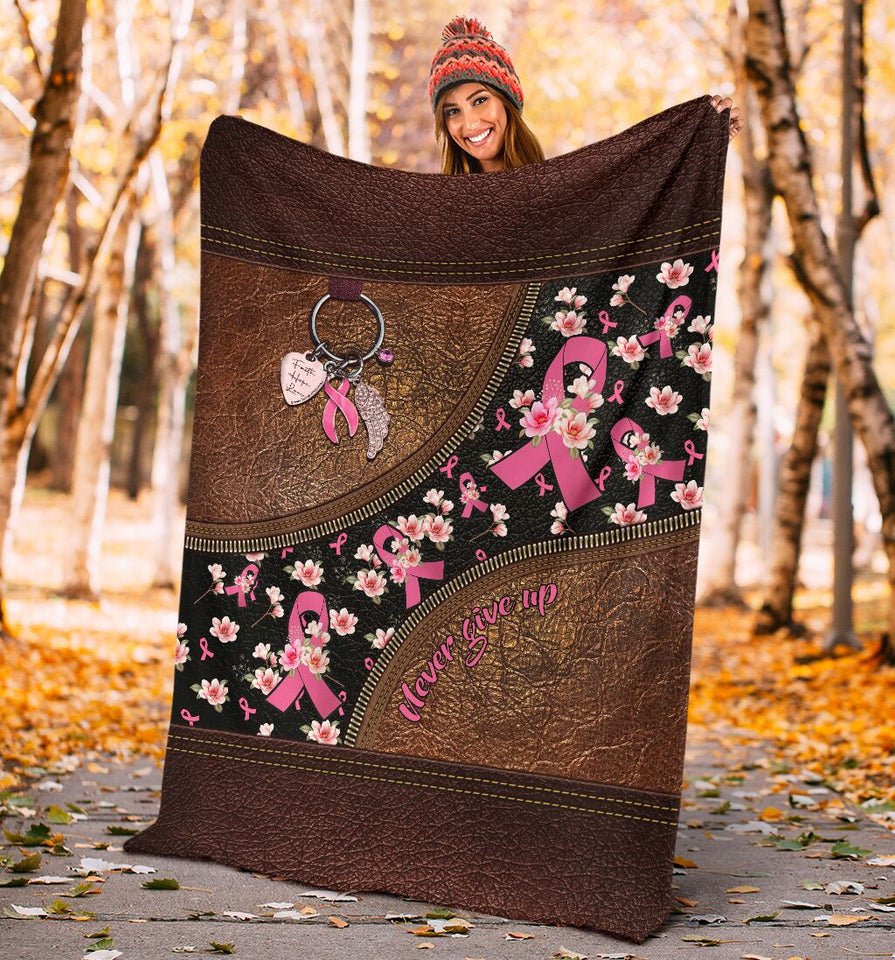 Never Give Up Leather Pattern Print Breast Cancer Awareness Blanket 0622