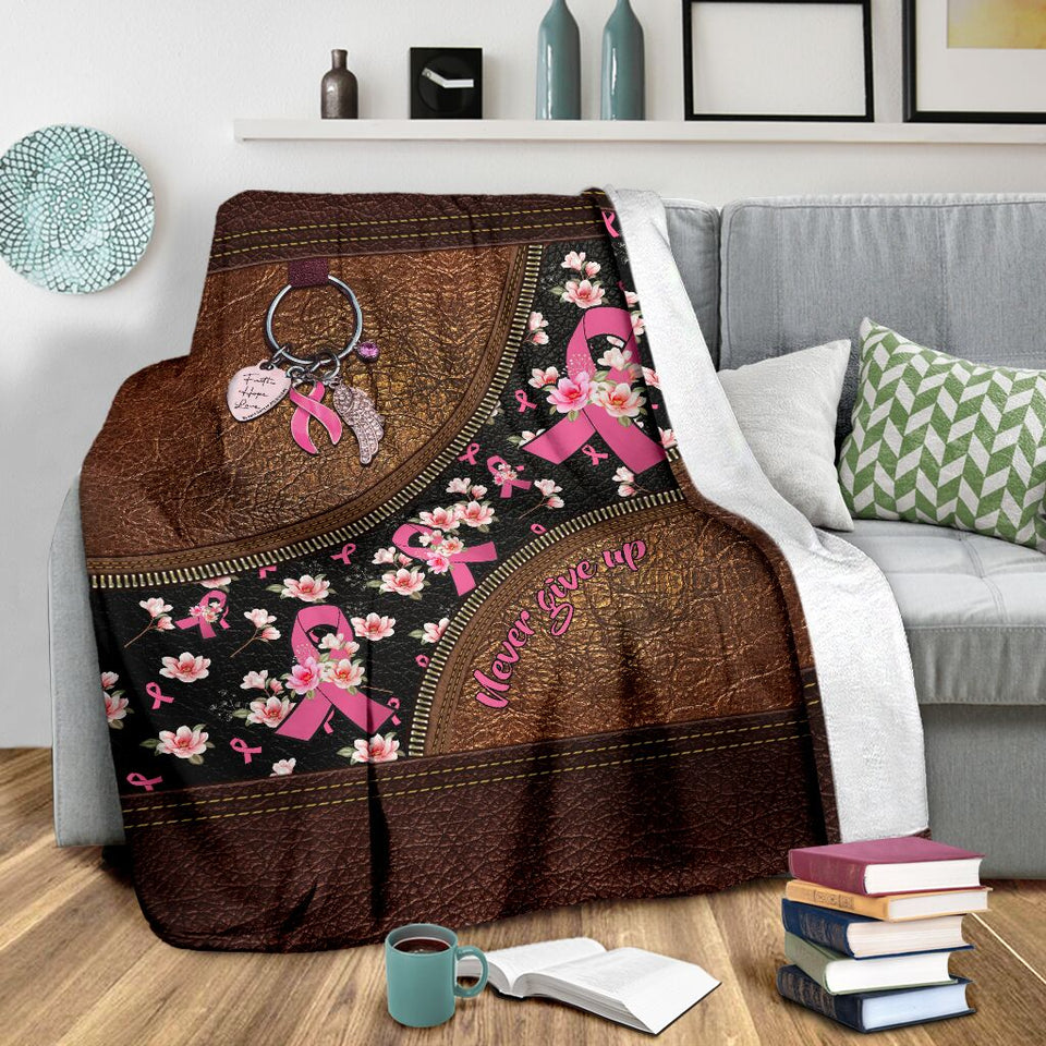 Never Give Up Leather Pattern Print Breast Cancer Awareness Blanket 0622