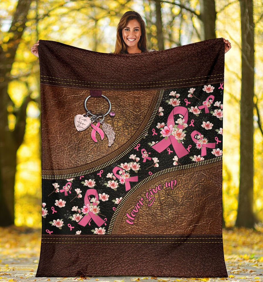 Never Give Up Leather Pattern Print Breast Cancer Awareness Blanket 0622