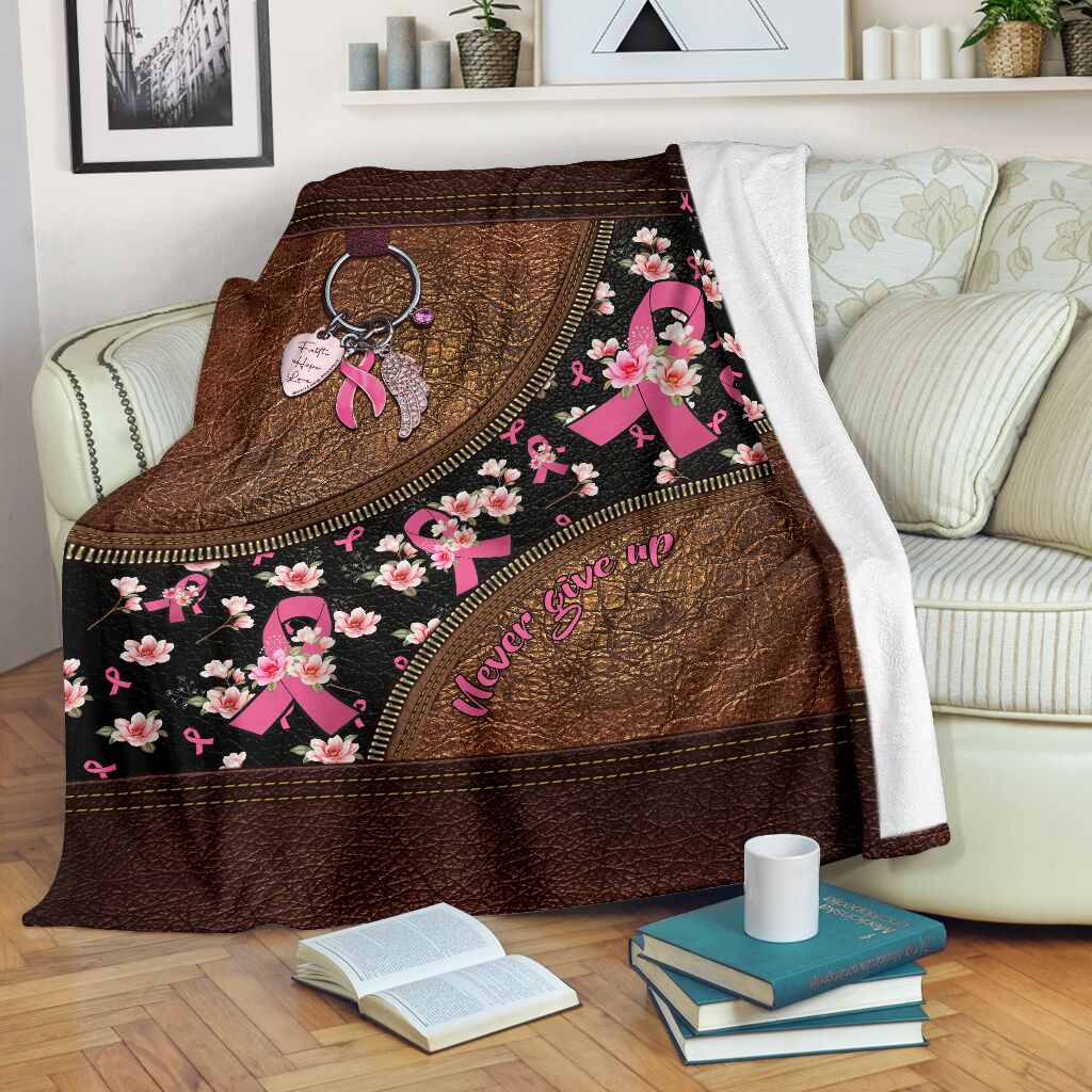 Never Give Up Leather Pattern Print Breast Cancer Awareness Blanket 0622