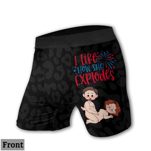 I Like How He Bangs I Like How She Explodes 4th July - Personalized Couple Women Briefs & Men Boxer Briefs