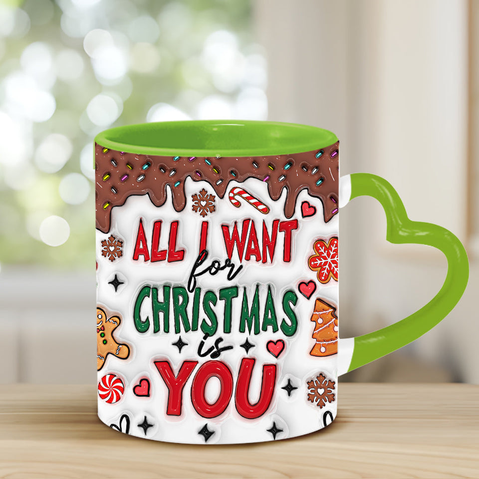 All I Want For Christmas Is You - Personalized Couple Heart Handle Mug