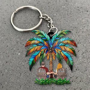 Under The Palm Tree Happy Couple - Personalized Couple Custom Shaped Keychain