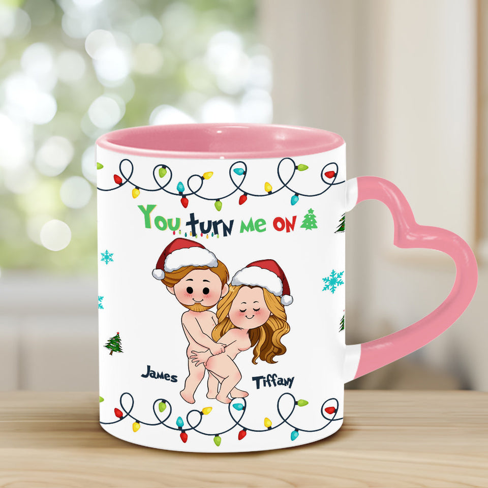 You Turn Me On - Personalized Couple Heart Handle Mug