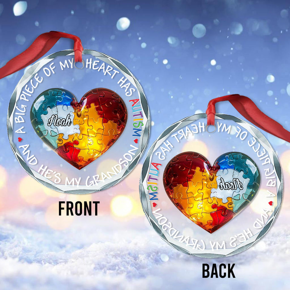A Big Piece of My Heart Has Autism - Personalized Autism Awareness Round Shaped Glass Ornament