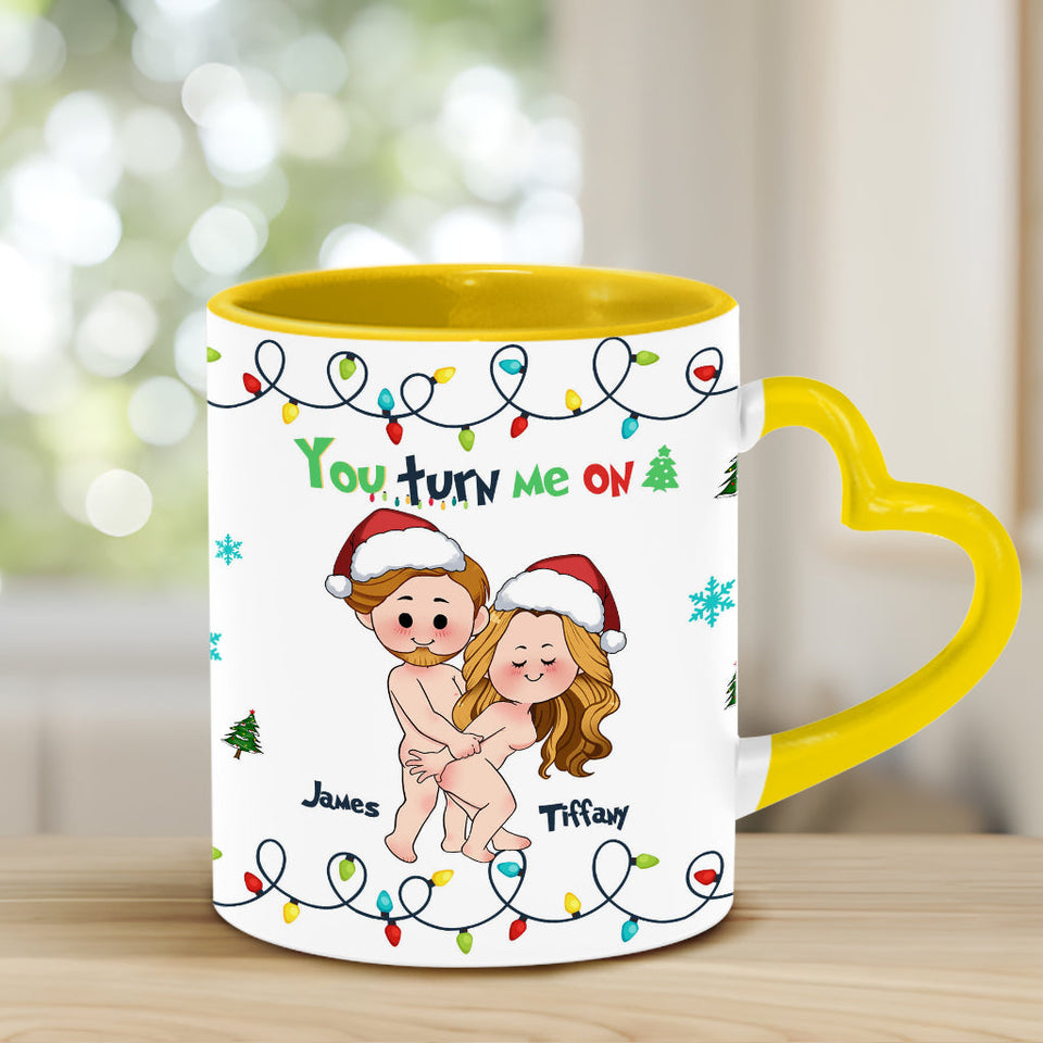 You Turn Me On - Personalized Couple Heart Handle Mug