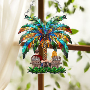 Under The Palm Tree Happy Couple - Personalized Couple Window Hanging Suncatcher Ornament