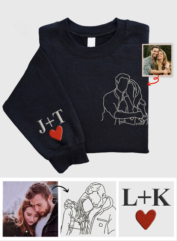 Custom Photo Line Art - Personalized Couple Embroidered Sweater