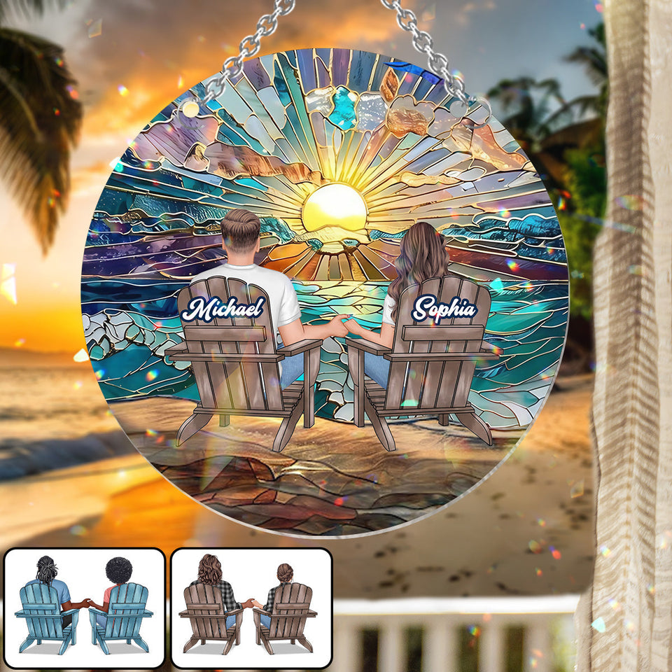 Happy Family Enjoying Romantic Beach - Personalized Couple Window Hanging Suncatcher Ornament