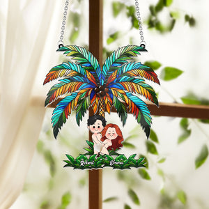 Funny Couple Under The Palm Tree - Personalized Couple Window Hanging Suncatcher Ornament