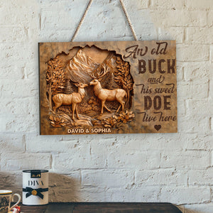 An Old Buck & His Sweet Doe Live Here - Personalized Couple Custom Shaped Wood Sign