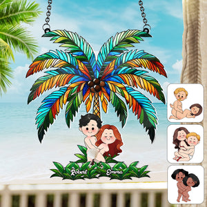 Funny Couple Under The Palm Tree - Personalized Couple Window Hanging Suncatcher Ornament