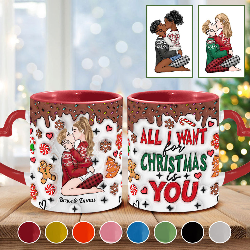 All I Want For Christmas Is You - Personalized Couple Heart Handle Mug