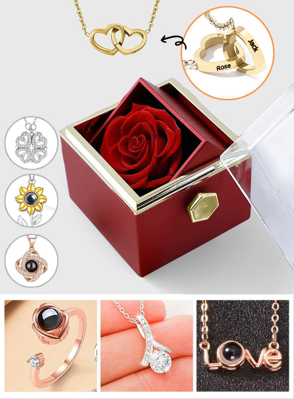 Names Custom - Personalized Couple Rotating Eternal Rose Box With Jewelry