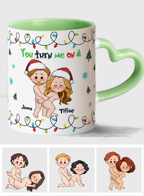 You Turn Me On - Personalized Couple Heart Handle Mug