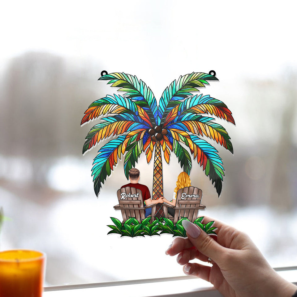 Under The Palm Tree Happy Couple - Personalized Couple Window Hanging Suncatcher Ornament