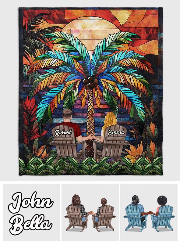 Under The Palm Tree Happy Couple - Personalized Couple Blanket