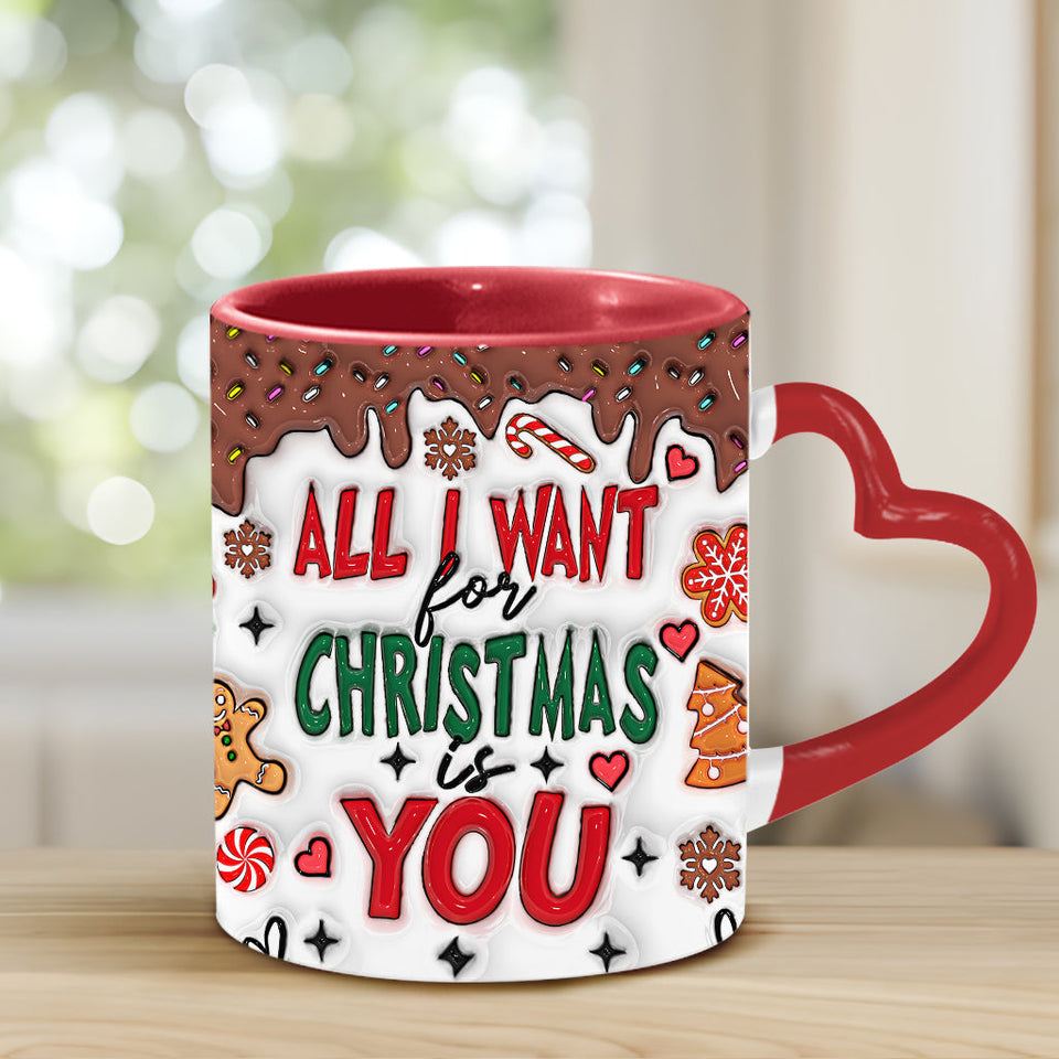 All I Want For Christmas Is You - Personalized Couple Heart Handle Mug