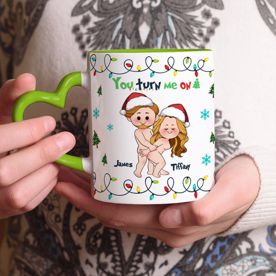 You Turn Me On - Personalized Couple Heart Handle Mug