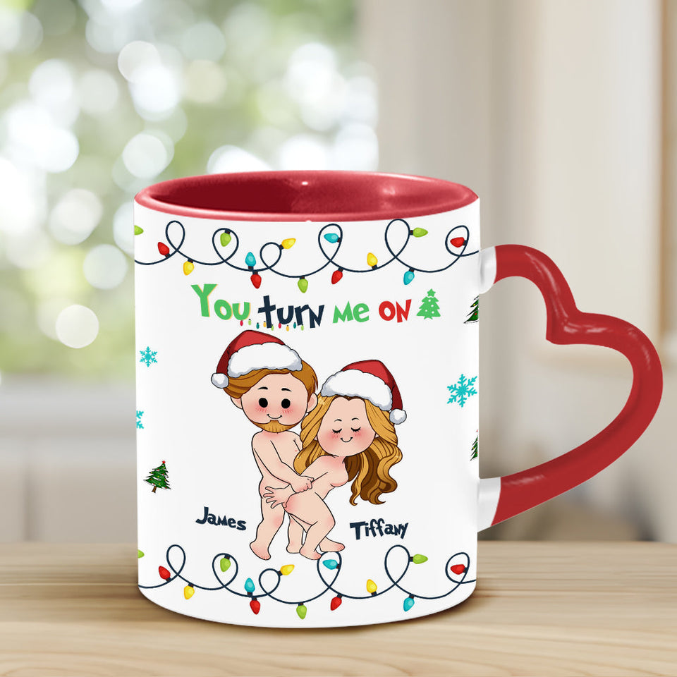 You Turn Me On - Personalized Couple Heart Handle Mug