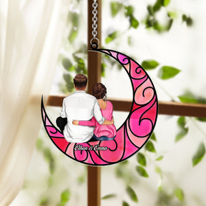 Couple Sitting On The Moon - Personalized Couple Window Hanging Suncatcher Ornament