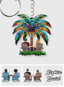 Under The Palm Tree Happy Couple - Personalized Couple Custom Shaped Keychain