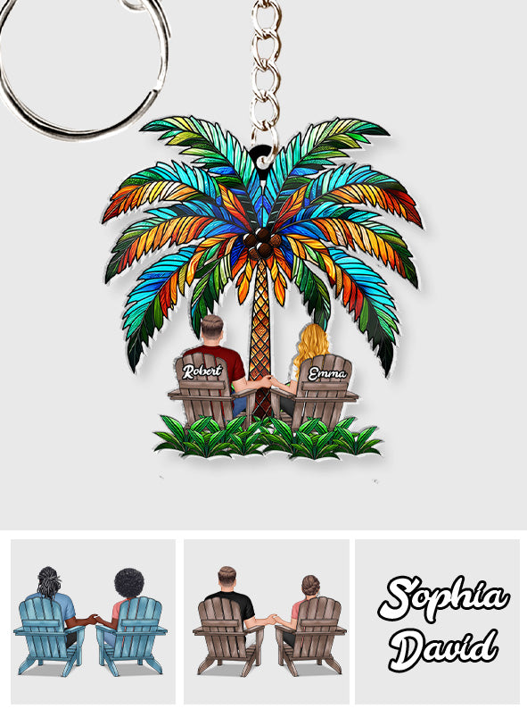 Under The Palm Tree Happy Couple - Personalized Couple Custom Shaped Keychain