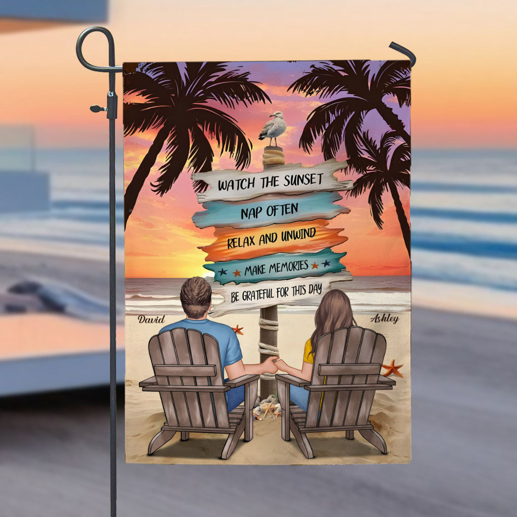 Vintage Tropical Palm Tree Beach Sunset - Personalized Couple Garden Flag