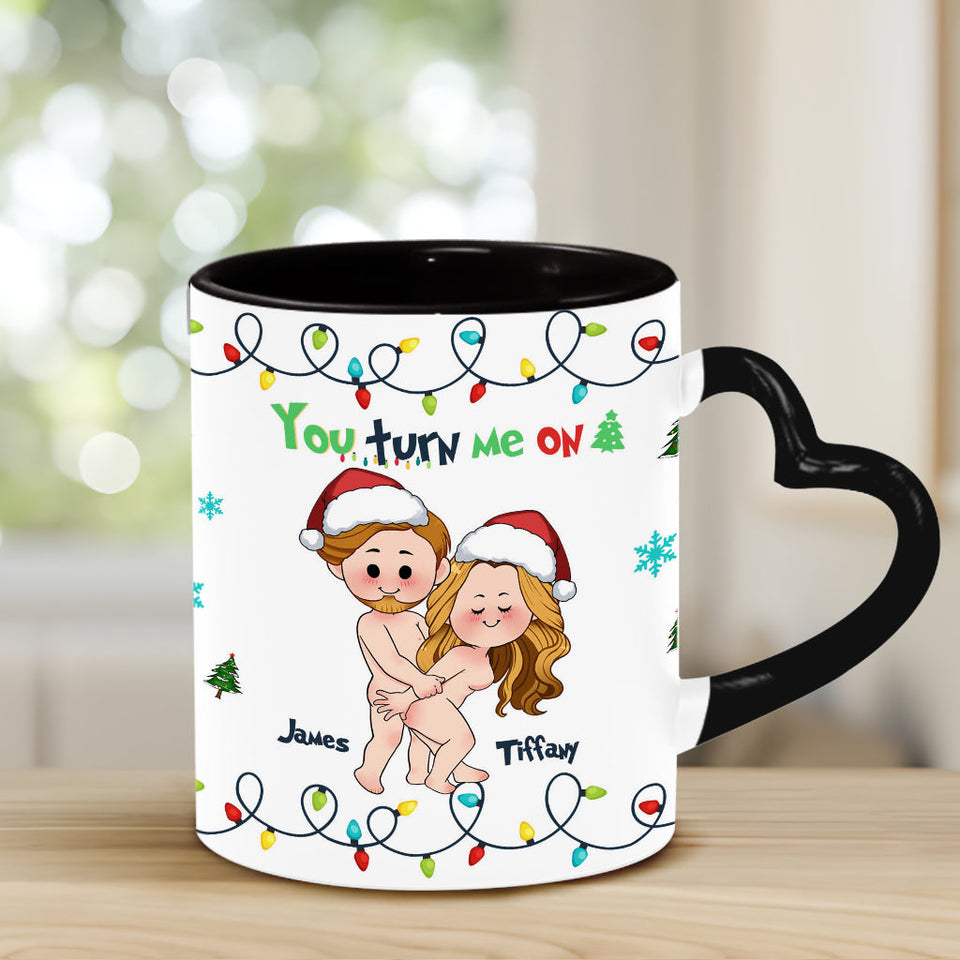 You Turn Me On - Personalized Couple Heart Handle Mug