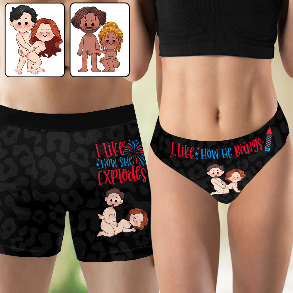 I Like How He Bangs I Like How She Explodes 4th July - Personalized Couple Women Briefs & Men Boxer Briefs